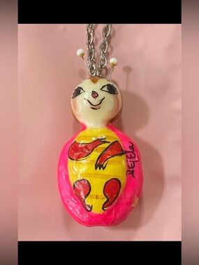 SOLD 👑 Vintage De Sela Colorful Lady Bug Paper Mache Necklace #7449